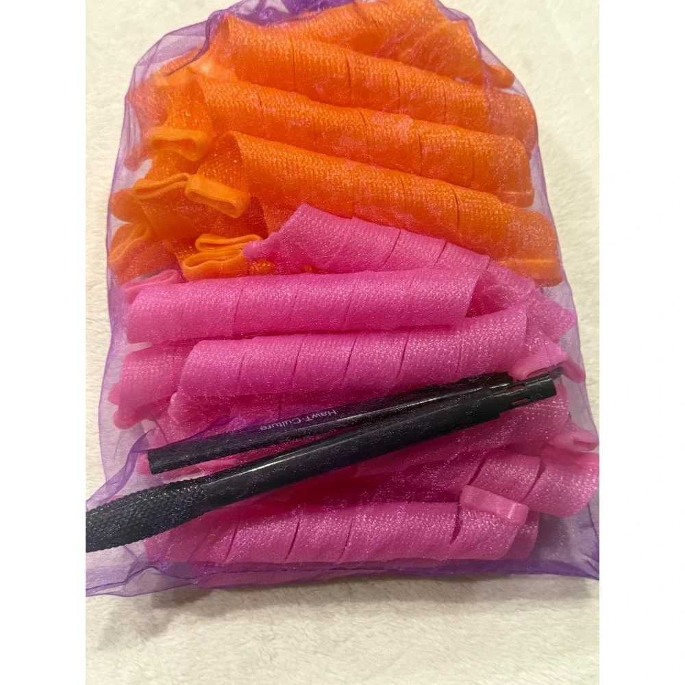 HawT Culture Heatless Spiral Hair Curlers Set Pink Orange with Styling Hook Bag